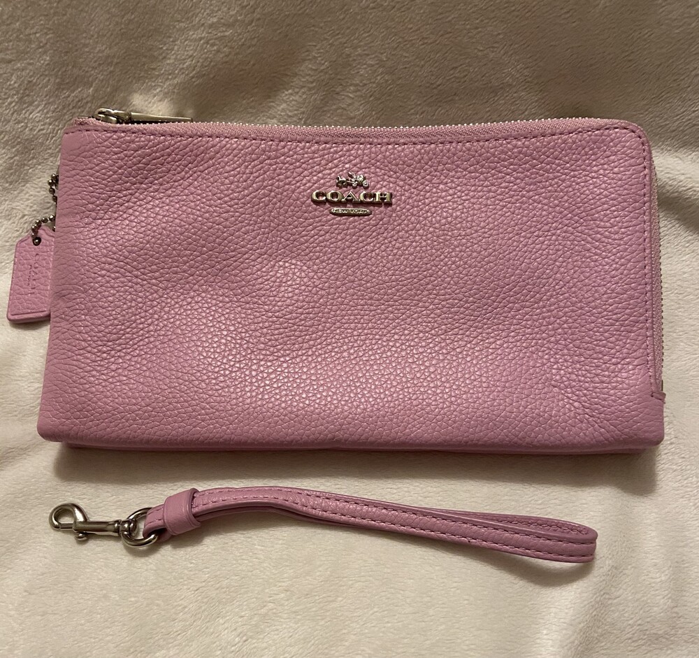 Coach Blush Pink Pebbled Leather Double Accordion Zipper Wristlet with Detachabl
